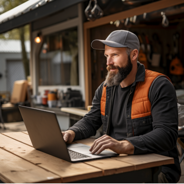 A roofing business owner using a laptop to maximize their online presence