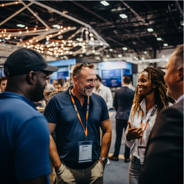 An image of a group of professionals networking at a roofing trade show, generating roofing leads for their businesses.