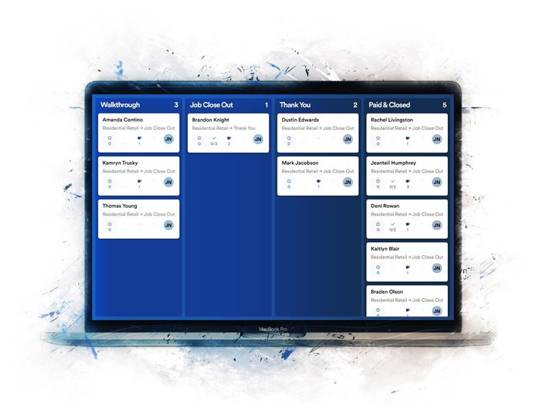 Laptop open with JobNimbus Boards showing different steps of a contractor's process