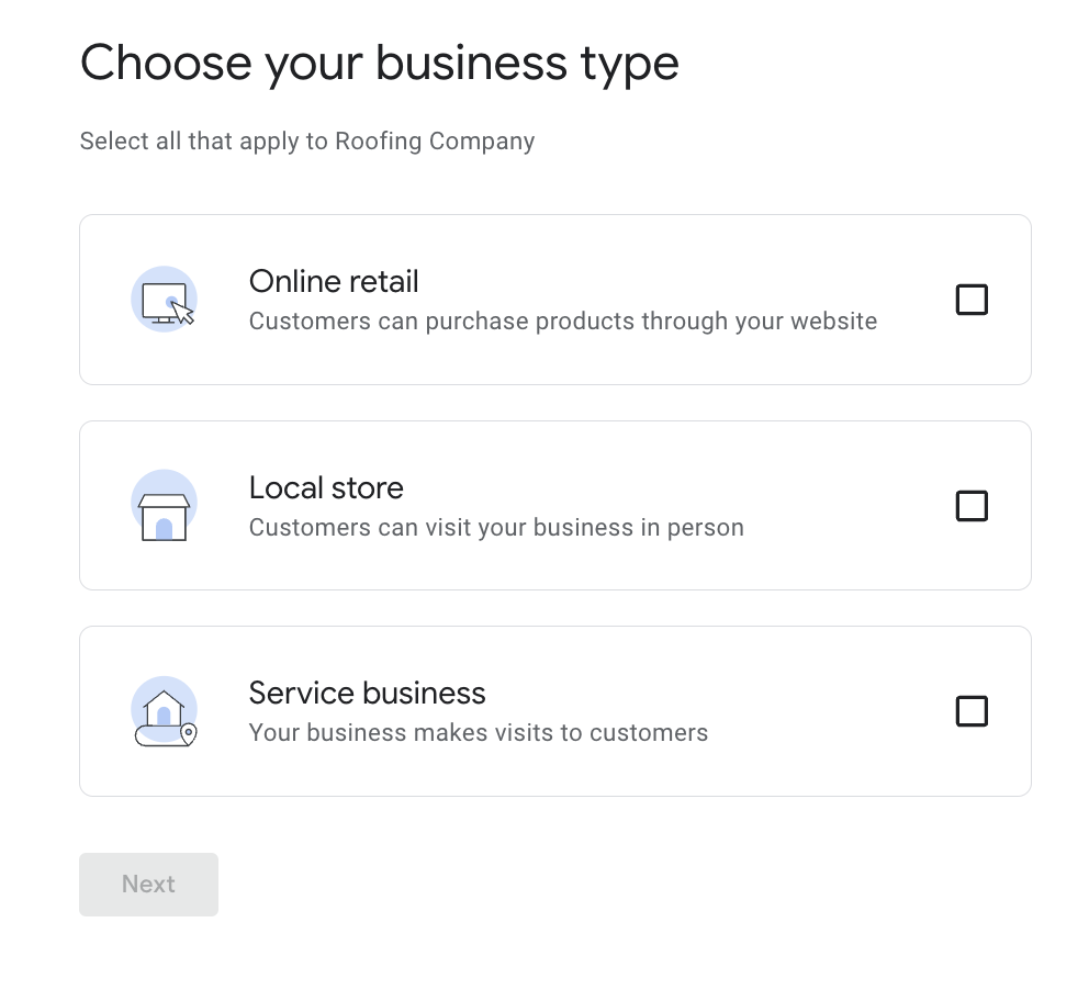 Choosing your business type while setting up a Google Business Profile