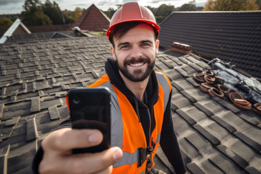 A roofing contractor using his phone for video marketing