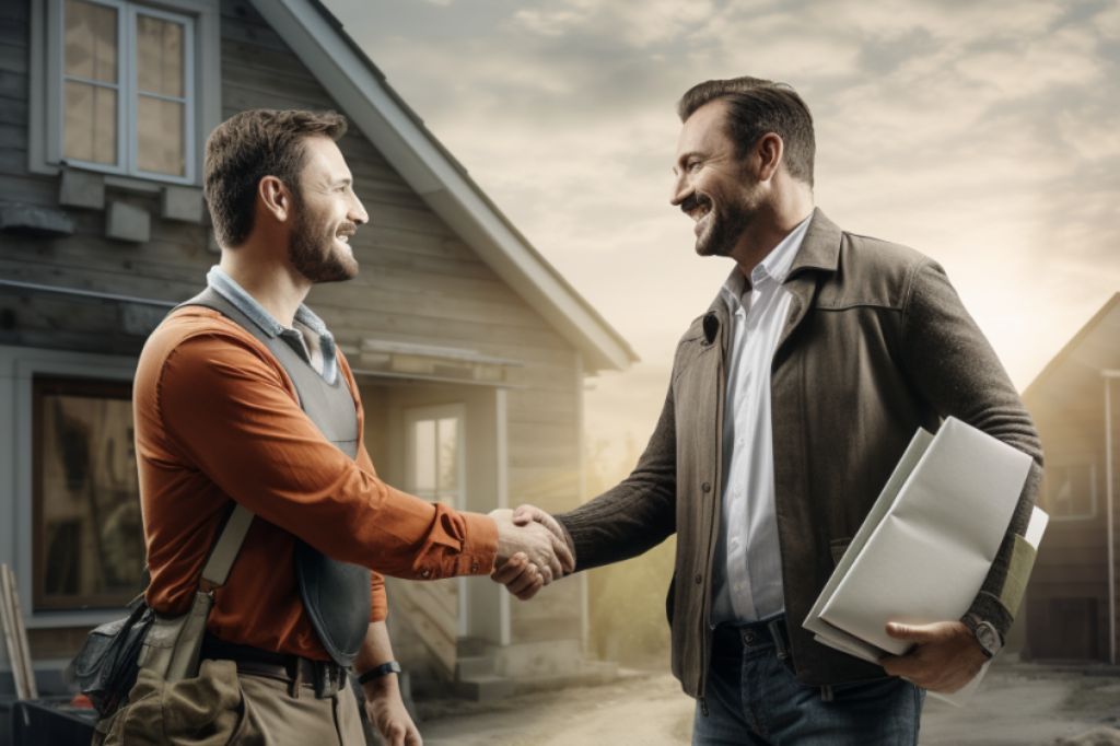 A roofer and an insurance adjuster collaborating on a marketing opportunity