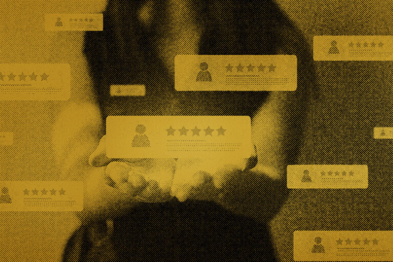 A woman holds five-star reviews and other customer feedback in her hands