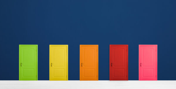 Five colorful doors in a row